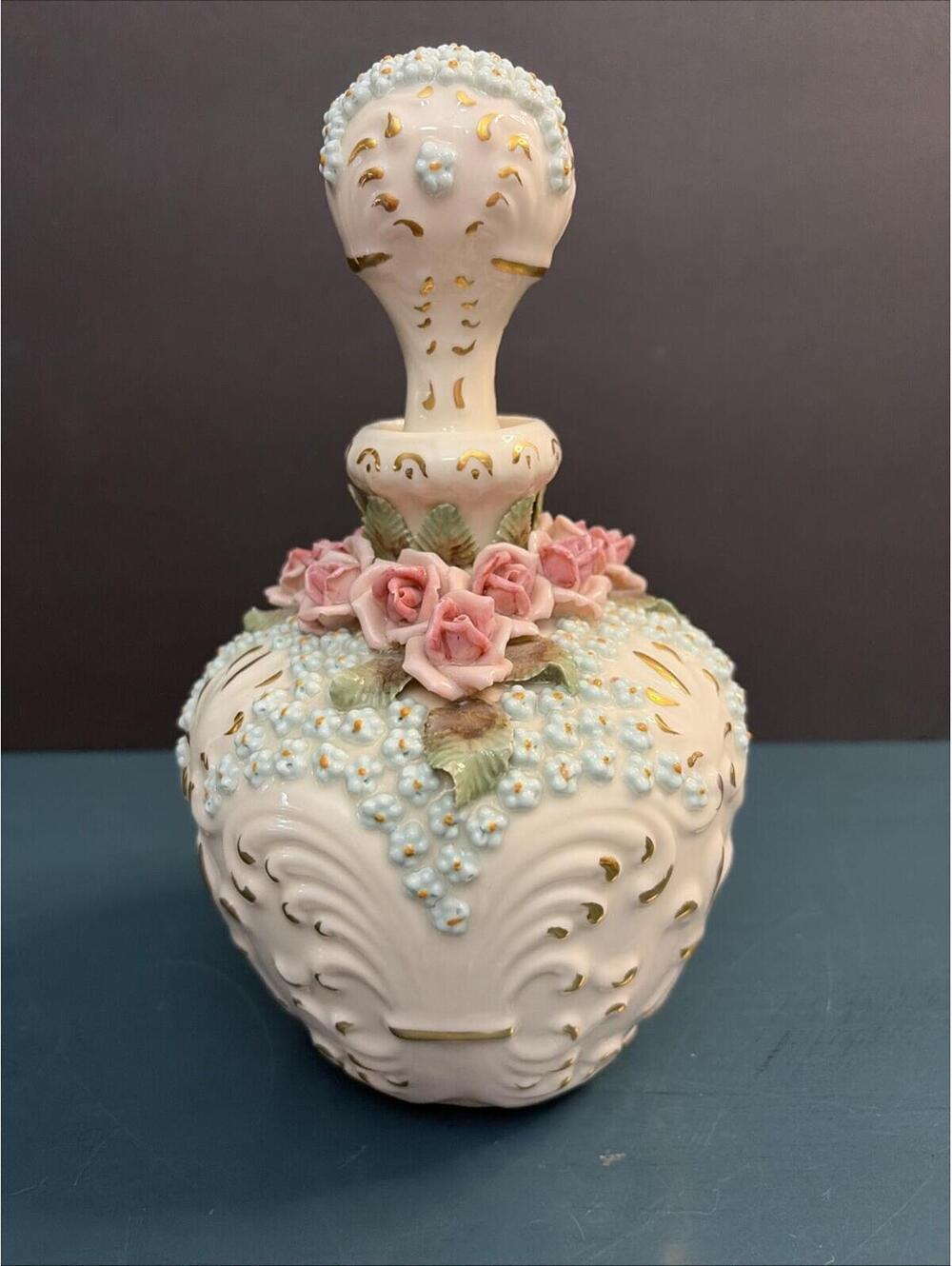 Vintage Reina Califa Bone China Blue And Rose Flower Perfume Bottle with Stopper
